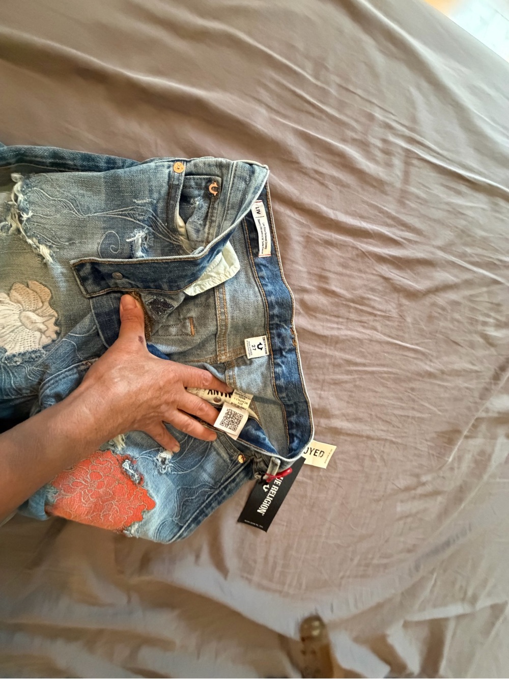 Womens Distressed Embroidered Blue Jeans with Pink & Orange Accents - Picture 6 of 6
